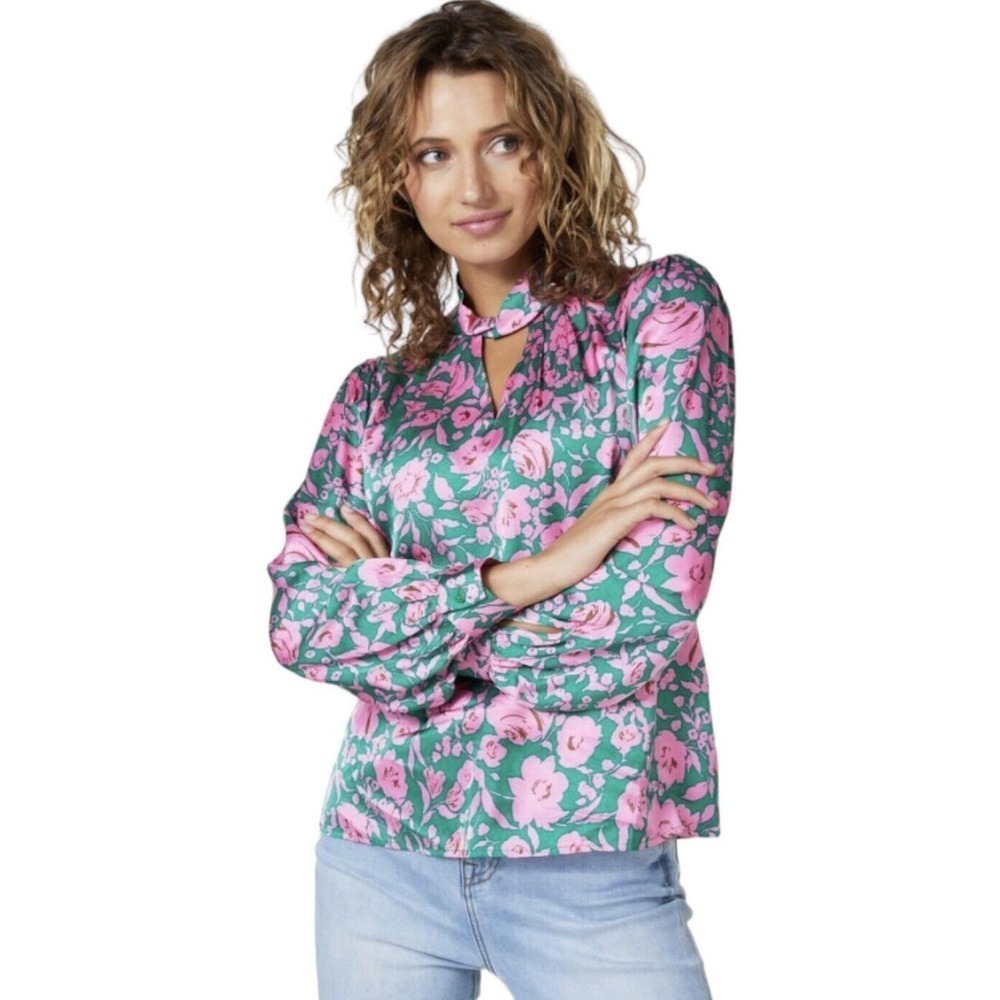 Esqualo Shimmer Rose Balloon Sleeve Keyhole Blouse Womens Size 12 NWT $98